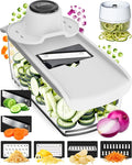 Fullstar Pro Mandoline Vegetable Slicer, Grater & Spiralizer with Container | 9 in 1 Fruit Cutter, Cheese Grater & Spiralizer with Safety Gloves, Stainless Steel Blades & Container (White)