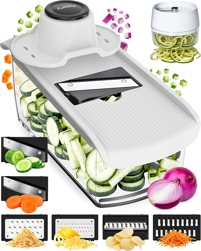 Fullstar Pro Mandoline Vegetable Slicer, Grater & Spiralizer with Container | 9 in 1 Fruit Cutter, Cheese Grater & Spiralizer with Safety Gloves, Stainless Steel Blades & Container (White)