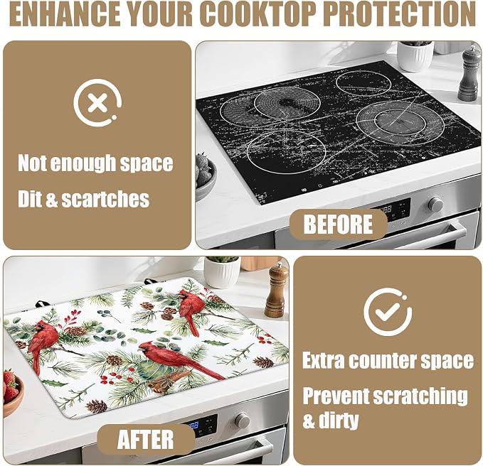 Red Cardinal Stove Top Covers for Electric Stove, Berry Bird Electric Gas Stove Pad Heat Resistant Range Cooktop Protector for Home Decor Kitchen 28"x20"