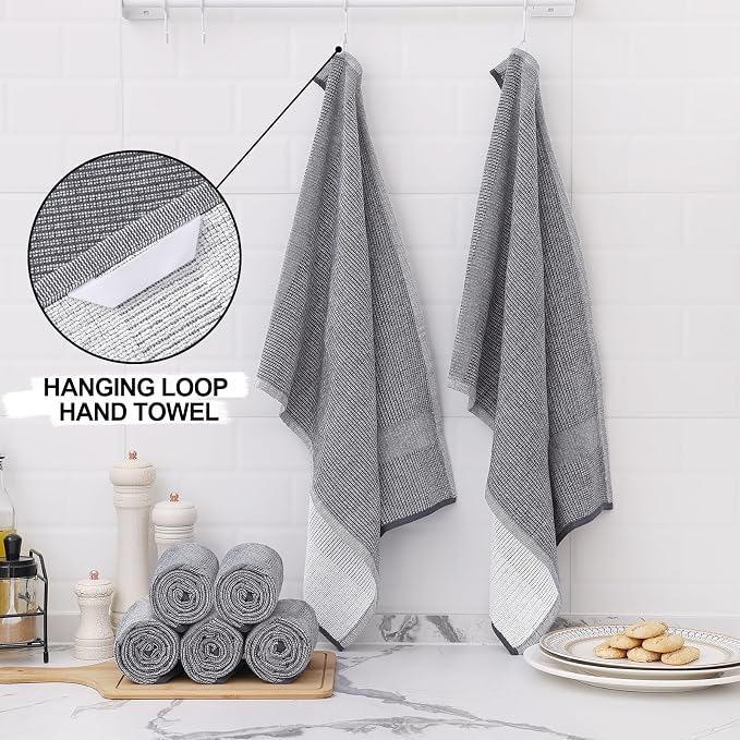 Homaxy 380 GSM Cotton Premium Kitchen Towels 6 Pack, 18"x 28", Grey | Flat and Terry Dish Towels, Highly Absorbent Tea Towel Set with Hanging Loop, Soft Utility Kitchen Hand Towels