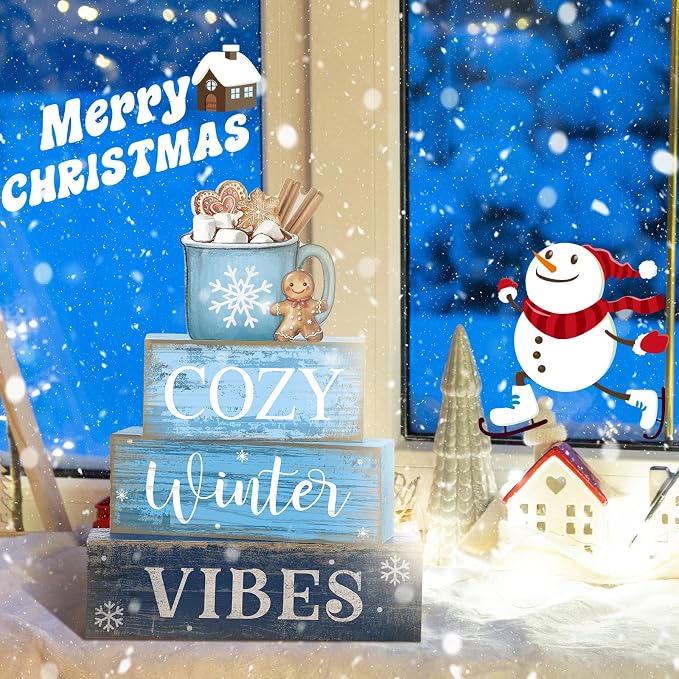 Lineshading 4 Pcs Wooden Farmhouse Tiered Tray Decor Winter Block Signs | Rustic Tabletop Decor, Hot Cocoa Mug Topper, Blue Wooden Signs, Cozy Winter Vibes Theme, Farmhouse Style Home Accents
