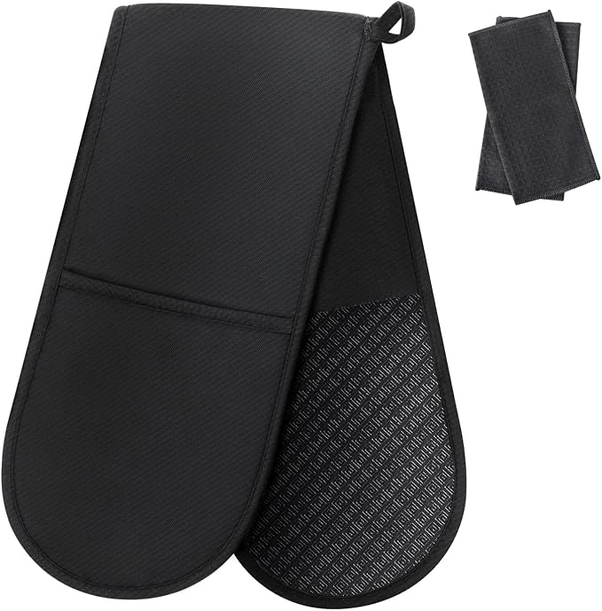 Philorn Black Double Oven Mitts, Heat Resistant 260℃ Silicone Glove | Waterproof Kitchen Gloves Oven Extra Long Oven Mitts with Non-Slip Silicone Surface for Baking, Cooking, BBQ