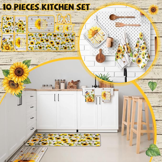 Fourluoo 10 Pcs Sunflower Kitchen Decor Set Butterfly Towels and Rugs Oven Mitts and Pot Holders Farmhouse Sunflower Kitchen Decor Set for Women Mom Gift Cooking Baking Grilling