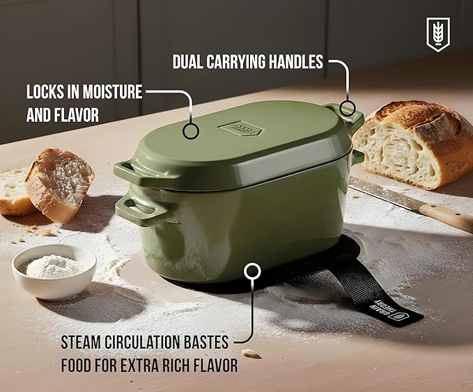 KooK Oval Dutch Oven, for Bread Baking, Sourdough Loaf Pan, Dual Handles, Enameled Cast Iron, with Sling, Dishwasher Safe, 3.4 Qt, Sage Ombre
