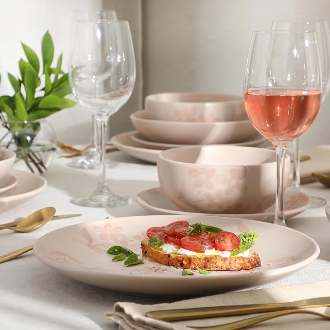 Gibson Home Admiral Hall Plates and Bowls Set, 16-Piece Floral Dinnerware Set, Pink Stoneware Dish Set, Dinner Plates, Salad Plates, Pasta Bowls & Cereal Bowls