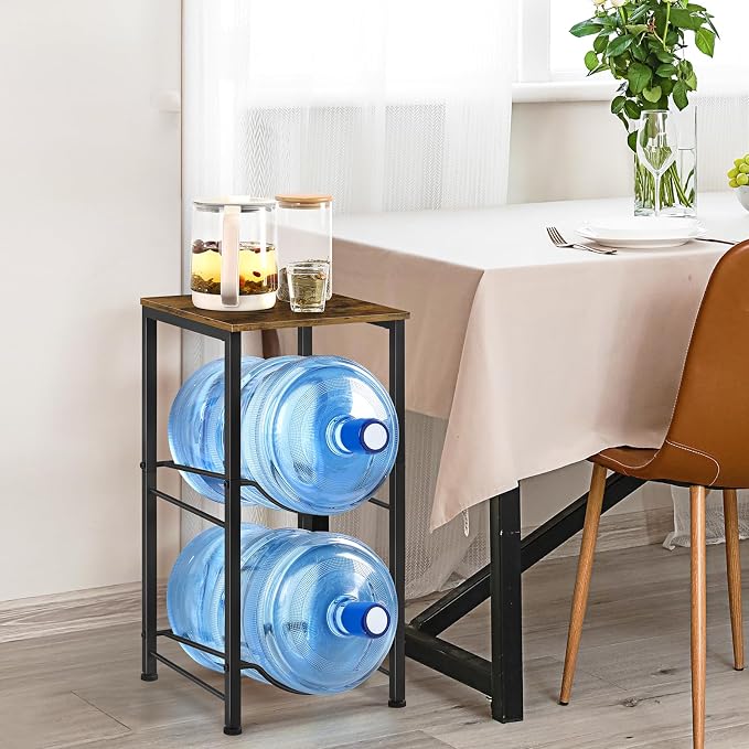 Brown Heavy Duty 5 Gallon Water Bottle Holder - 2 Tier Water Cooler Storage Rack With Top Shelf - Dispenser Stand for Kitchen, Living Room, Office
