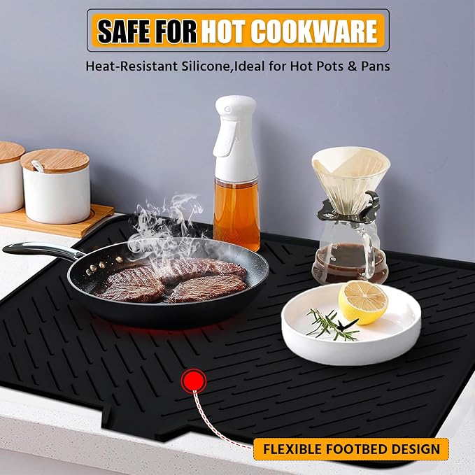 Silicone Dish Drying Mat with Built-in Drain Lip - Hygienic Drying Pad - Sturdy Compact Easy to Clean Tray Protects Surfaces Prevents Water Build Up - 23 X 17 (Black)