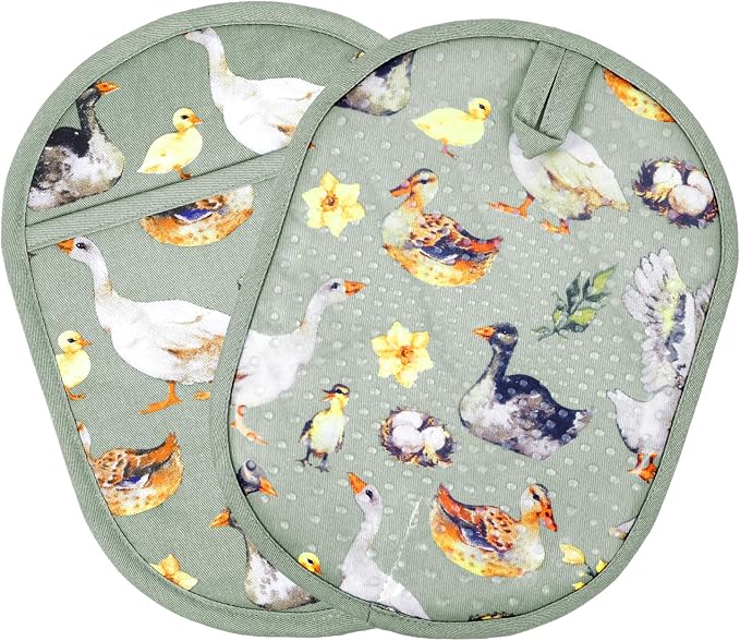 Pot Holders Set of 2 with Transparent Clear Silicone Shell and Nice Duck Flower Cotton Lining, Heat Resistant to 500 F Kitchen Oven Gloves Pot Holder for Cooking (Wathet Blue, Potholders)