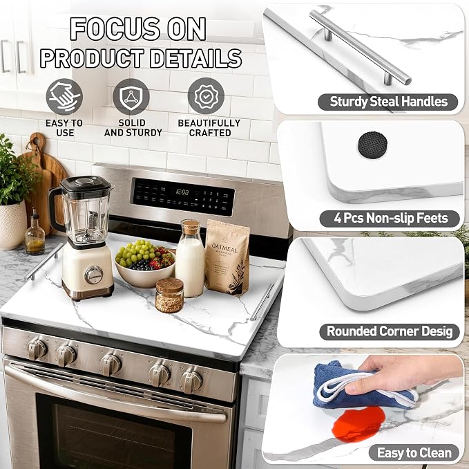 Noodle Board Stove Cover with Handles, Stove Top Covers for Gas Burners and Electric Stove, Wood Stove Cover Board Decorative Serving Tray Kitchen Sink Cover for Counter Space (White Marble)