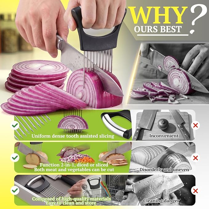 JAYVAR Onion Holder for Slicing, 304 Stainless Steel | 10 Long Needles, Vegetable Chopper, Food Slicing Guide, Multi-Purpose Cutter for Tomato Potato
