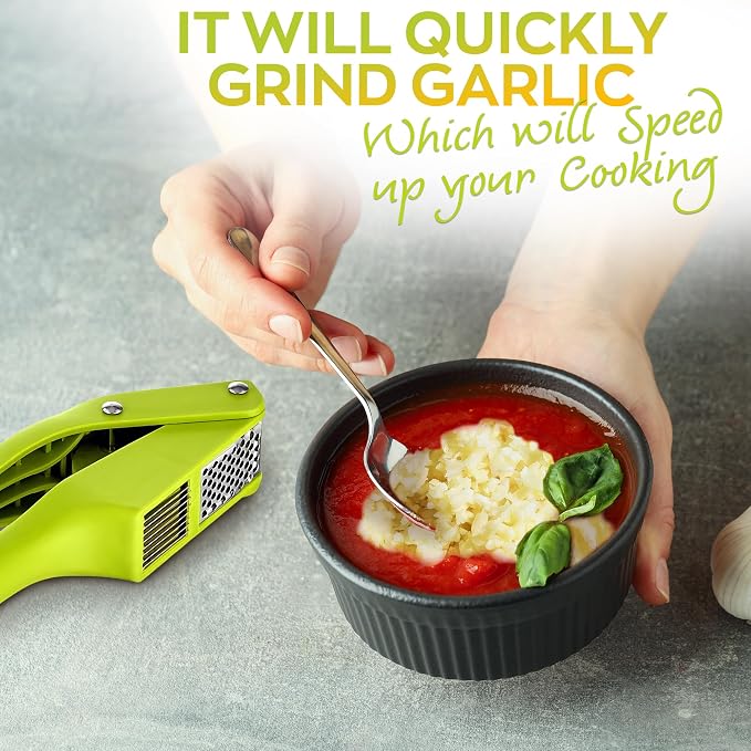 2 in 1 Garlic Slicer and Press, Stainless Steel with Durable Plastic | Multipurpose Garlic Press and Slicer Cuts Cloves Thin - 7.6 x 1.7 x 2.5 In, Easy to Use & Clean for Kitchen, Cafe, Deli Prep
