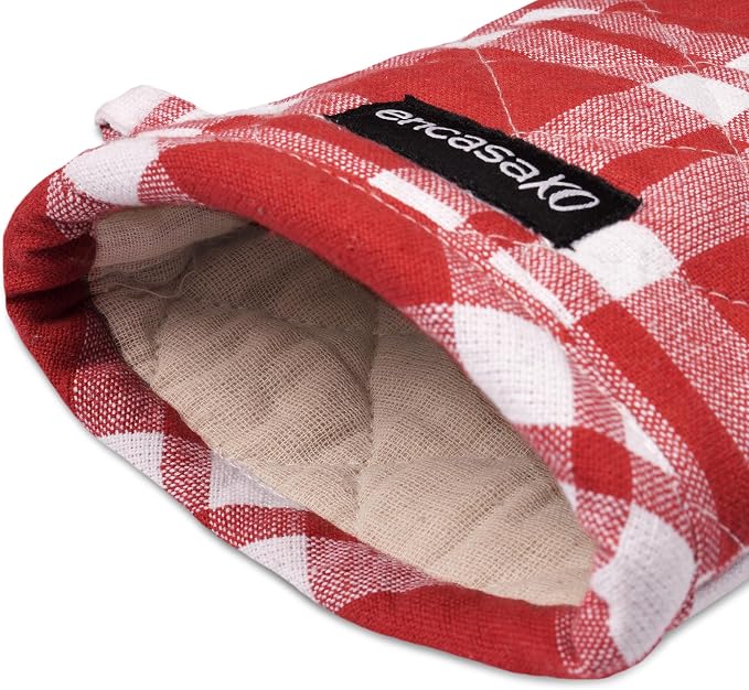 Encasa XO Oven Mitts, Heat Resistant Kitchen Gloves, Microwave | Franca Red Checks, 100% Cotton | Diamond Quilted Insulation | Pot Holders | Hanging Loop | Barbecue & Grill | Set of 2