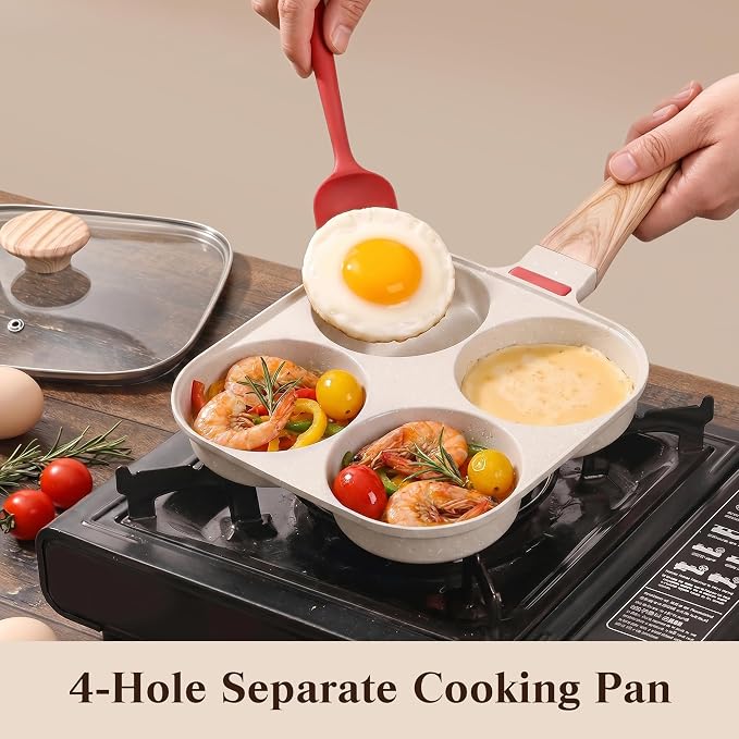 Egg Pan with Lid 4 Cup Nonstick Egg Frying Pan Omelette Skillet | Aluminum 4-Hole Omelette Pan with Glass Lid, Spatula, and Silicone Brush. Works for Breakfast Eggs, Bacon, and Mini Pancakes.