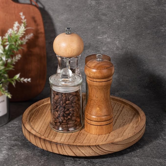 Wood Lazy Susan Turntable Kitchen Decor Round Table Tray, 9" Brown | Waterpoof, Easy clean, Non-slip, Rotating Wooden Decorative Pantry Table Tray for Seasoning, spice, snack