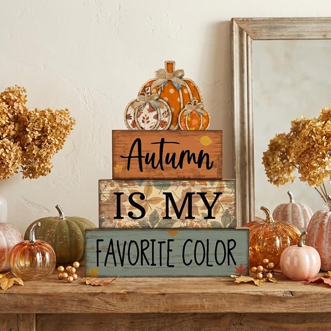 Lineshading 4 Pcs Fall Block Signs with Pumpkin Autumn Farmhouse Decor | Stackable Wooden Signs for Tiered Tray, Rustic Pumpkin Centerpiece, Thanksgiving Harvest Decorations, Autumn Gift Set