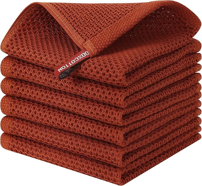 Kitinjoy 100% Cotton Waffle 6-Pack Kitchen Towels, 12" x 12", Rust | Ultra Absorbent, Super Soft, lightweight, Quick Drying Dish Rags for Washing Dishes