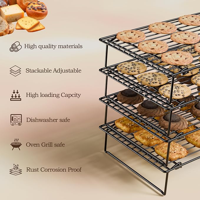 4PCS Cooling Racks for Cooking and Baking, Collapsible 4 Tiers 10"X16" Cool Batches of Cookies, Non-Stick & BPA-Free, Oven and Dishwasher Safe (Black-201)