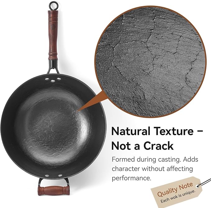 WANGYUANJI Cast Iron Wok Pan with Lid, 14.2 Inch Large Flat Bottom Uncoated Stir Fry Skillet, Heavy Duty Chinese Iron Pot for 4-6 People, Detachable Walnut Handle, Induction & Gas Safe