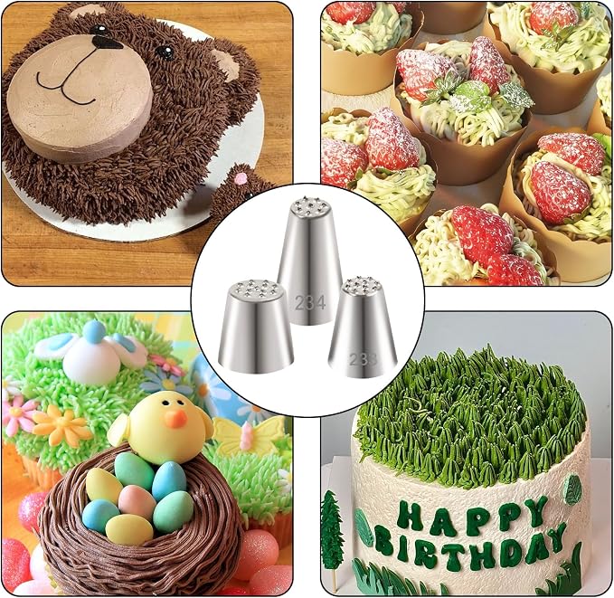 3pcs Grass Piping Tips, Stainless Steel Grass Icing Tip, Professional Cake Decorating Tips for Baking Cupcakes Cake Pastry Fur Hedgehog Spikes Bird Nests Decorating
