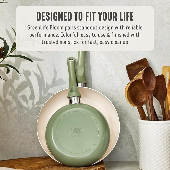 GreenLife 2 Piece (8" & 10") Ceramic Nonstick Skillet Set, Sage Green | PFAS-Free Nonstick Coating, Frying Pans, Omelet Pans, Everyday Pan, Induction Ready, All Stovetop Compatible, Dishwasher Safe