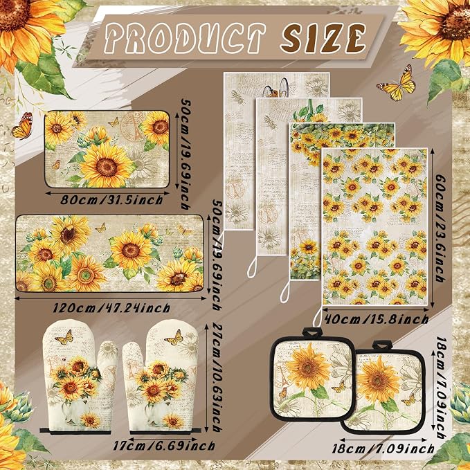 Fourluoo 10 Pcs Sunflower Kitchen Dish Towels Rugs Oven Mitts and Pot Holders Set Farmhouse Kitchen Decor Set for Women Mom Daughter Gift Cooking Baking Grilling (Retro Yellow)