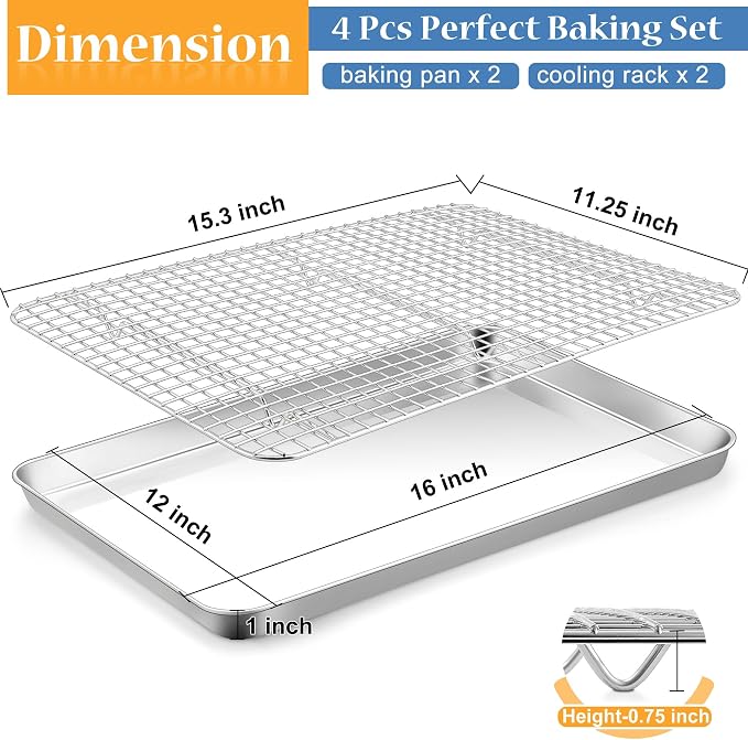 TeamFar Cookie Sheets with Cooling Racks, 2 Pans + 2 Racks, 16x12x1 Inch | Stainless Steel Baking Sheet Pans with Grid Wire Racks for Cooling Baking Roasting, Non-Toxic & Heavy Duty, Dishwasher Safe