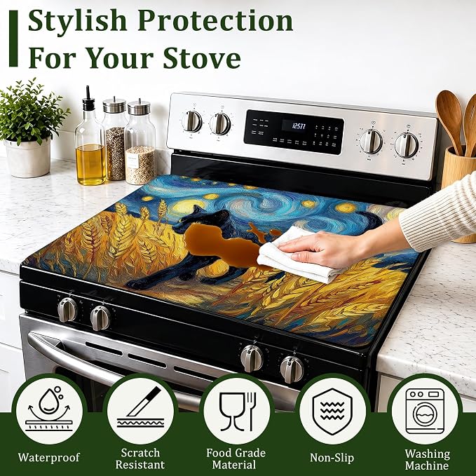 Black Cat Stove Top Cover for Electric Stove 28.5"x 20.5",Starry Night Heat Resistant Glass Top Stove Cover Protector,Glass Cooktop Covers,Kitchen Flat Electric Stove Top Covers