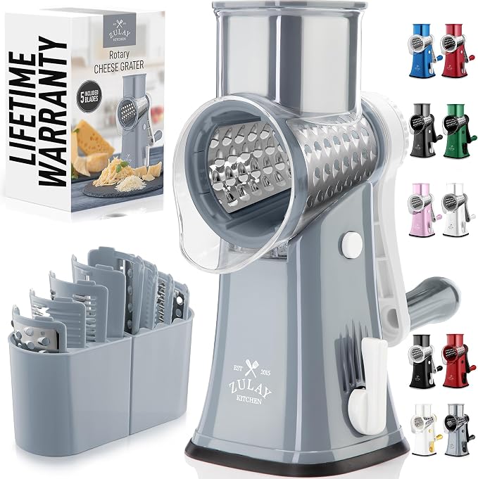Zulay Kitchen Rotary Cheese Grater 5 Blade Cheese Shredder - Manual Hand Crank Cheese Grater With Reinforced Suction & 5 Interchangeable Drums - Easy to Use, Vegetable Chopper Round Mandoline Slicer
