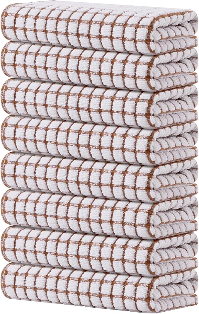 Kitinjoy Cotton 8 Pack Terry Kitchen Towels, Brown | 16 x 25 Inches Super Soft and Absorbent Dish Towels, Quick Drying hand towels for kitchen Drying