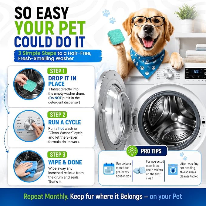 True Fresh Deep Clean Washing Machine Cleaner Enzyme Pet Hair Dissolver | Formulated for Pet Owners Neutralizes Dog & Cat Urine Odors HE, Front & Top Load Washer Compatible, Unscented, 24 Tablets