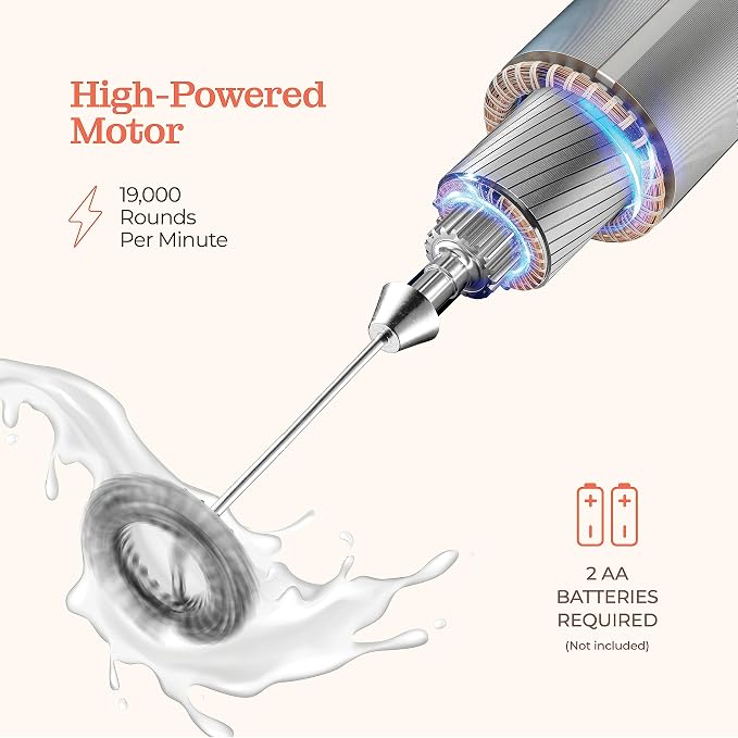 Powerful Handheld Milk Frother, Mini Milk Frother Wand, Battery Operated Stainless Steel Drink Mixer - Frother Stand for Milk Coffee, Lattes, Cappuccino, Frappe, Matcha, Hot Chocolate. Gift