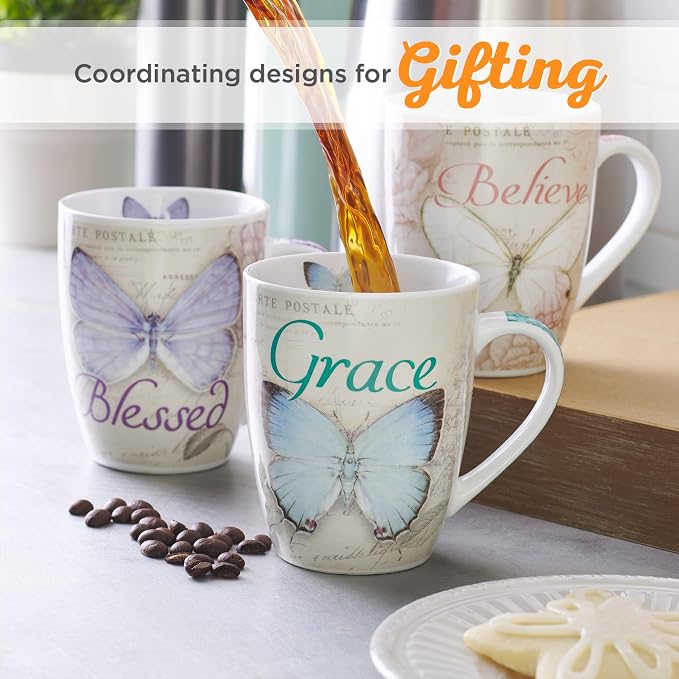 Christian Art Gifts Botanic Blue Butterfly Ceramic Coffee Mug – Inspirational Coffee Cup for Women & Men 12 oz. Lead-free Microwave and Dishwasher Safe Coffee Mug with Bible Verse: Grace - Eph. 2:8