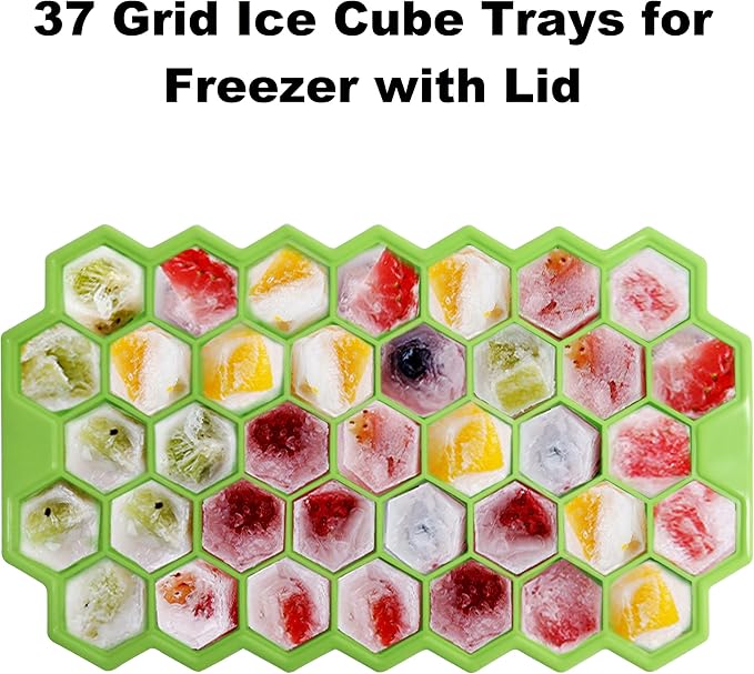 Ice Cube Trays for Freezer with Lid-Silicone Ice Cube Tray with Lid Ice Maker 2 Packs Green,Easy-Release Reusable Ice Cube in Organizer Bins or Ice Bucket for Cocktail bar or Iced Coffee Cup
