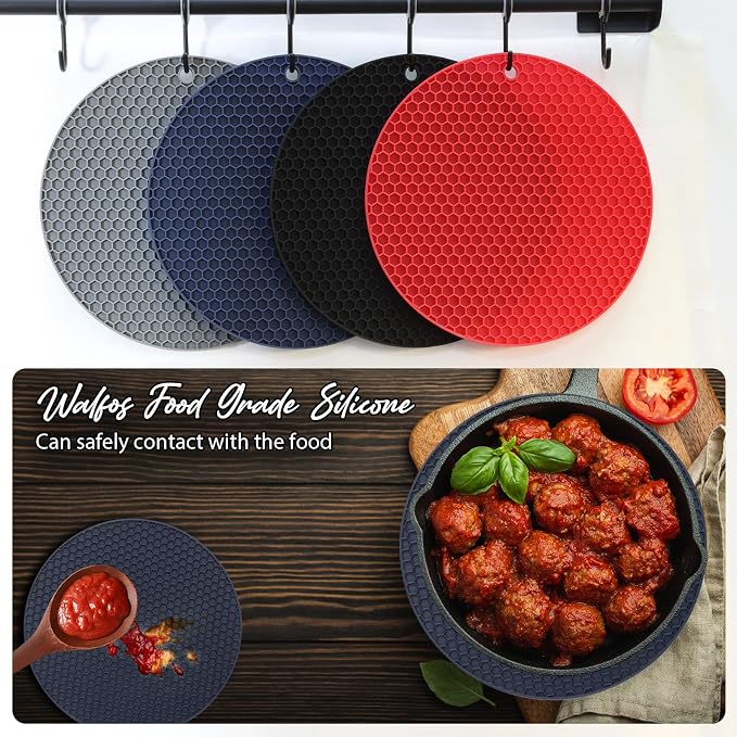 4 Pack Silicone Trivet for Hot Dishes | Heat Resistant Silicone Pot Holders for Kitchen Countertops, Hot Dishes, Jar Opener, Spoon Holder, Easy to Wash, Navy