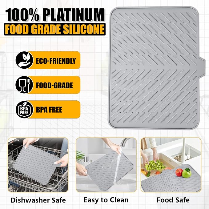 Silicone Dish Drying Mat with Built-in Drain Lip - Hygienic Drying Pad - Sturdy Compact Easy to Clean Tray Protects Surfaces Prevents Water Build Up - 23 X 17 (Grey)