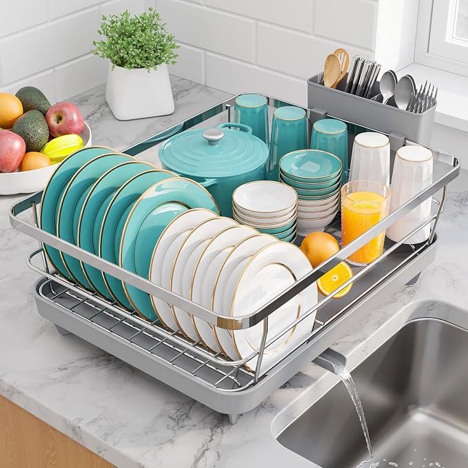 Sakugi Dish Drying Rack - Stainless Steel Dish Rack with Drainboard for Kitchen Counter and Sink, 15.6" D x 12" W x 5" H, Sliver