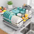 Sakugi Dish Drying Rack - Stainless Steel Dish Rack with Drainboard for Kitchen Counter and Sink, 15.6" D x 12" W x 5" H, Sliver