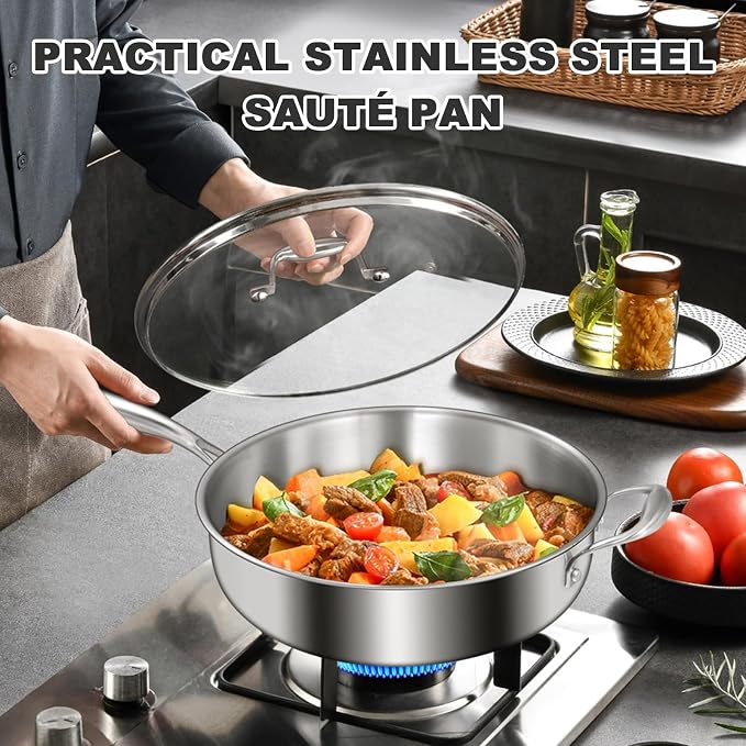 EWFEN 12 Inch Tri-Ply Stainless Steel Frying Pan, Compatible with All Cooktops Up to 600℉, Large Frying Pan with lids, Induction-Ready Skillet, Dishwasher and Oven Safe, Even Heat, 12" Pan+Handle+Lid