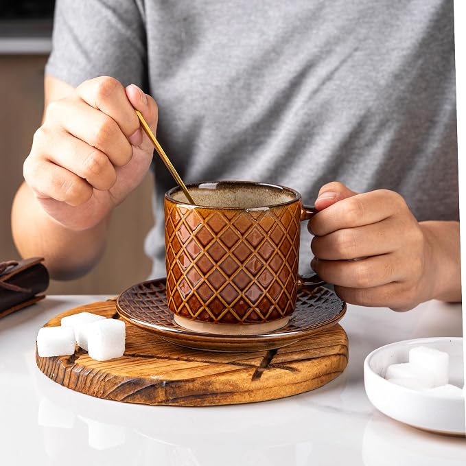 GBhome 6 OZ Stackable Coffee Mugs Set of 4, Ceramic Coffee Cups Set | 4 Assorted Designs, Embossed Mugs with Texture Patterns for Espresso/Tea, Dishwasher&Microwave Safe, Caramel