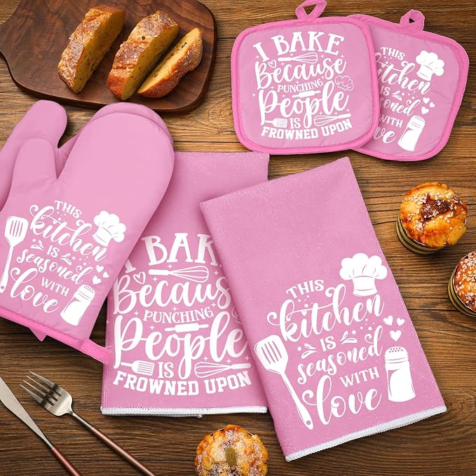 Sratte 6 Pcs Kitchen Decor Accessories Set, Kitchen, Light Pink | Farmhouse Kitchen Towels Pot Holders Oven Mitts Set 2 Dish Towels 2 Potholders 2 Cooking Mittens for Baking Cooking Supply