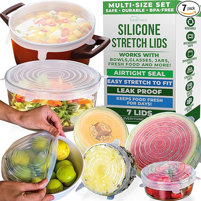 Reusable Silicone Stretch Lids for Food Storage in Fridge - Elastic Heat-Resistant Bowl Covers, Cups, Cans, Jars - Universal Food Grade Lid for Round and Rectangle Containers - Dishwasher Safe -7 Pack