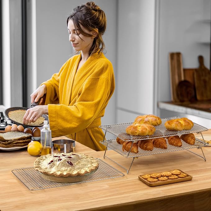 HIWARE Oven-Salf Collapsible Cooling Rack for Baking, 3 Tier 12”x 16.5”, Stainless Steel and Fit Half Sheet, Stackable Wire Cooling Racks for Cookie, Pizza, Cake