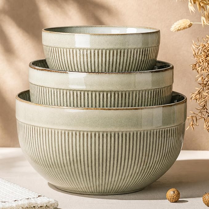 GBhome Ceramic Mixing Bowls Set of 3, Stoneware Nesting Serving Bowls, | 45/90/150 oz For Prep, Baking, Serving, Gift, Microwave and Dishwasher Safe, Ribbed Dishware Collection,Desert Sage