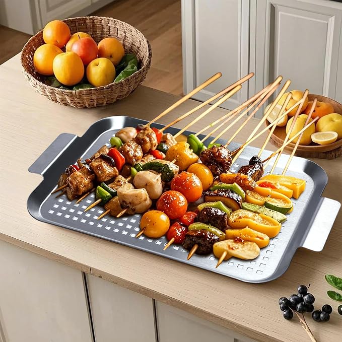 Grill Pan Set of 2, BBQ Grill Topper for Outdoor Grill, Small | Stainless Steel Grilling Baskets with Holes and Handles, Perforated Food Tray Barbecue Accessories for Vegetable, Fish