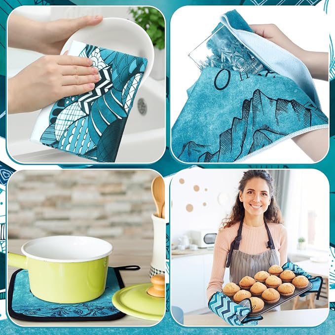 Fourluoo 10 Pcs Landscape Kitchen Dish Towels Rugs Oven Mitts and Pot Holders Set Farmhouse Kitchen Decor Set for Women Mom Daughter Gift Cooking Baking Grilling (Ocean Green)