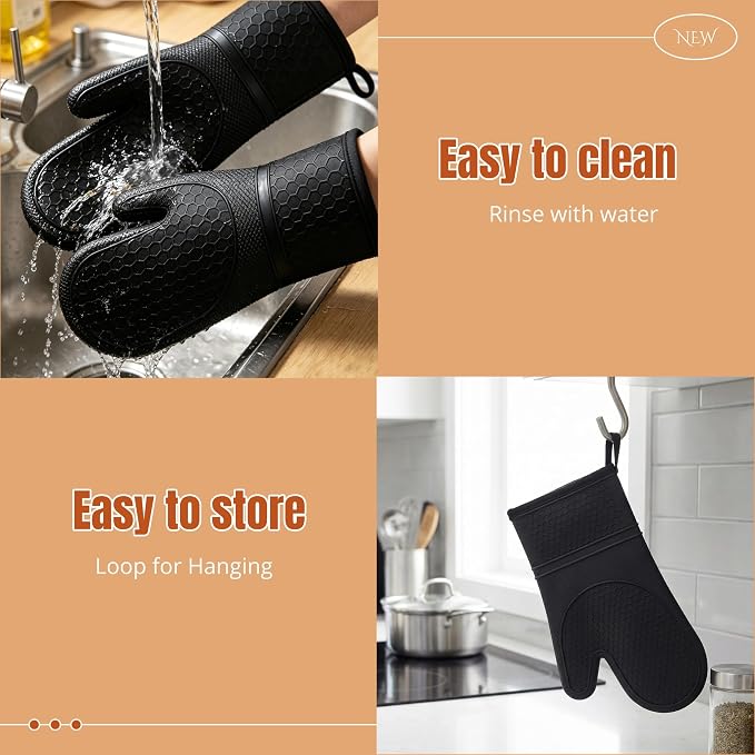 Silicone Oven Mitts 500°F Heat Resistant BBQ Gloves 2-Pack Black | 500°F heat resistance, non-slip honeycomb grip, waterproof & washable, extra long wrist guard, 2-piece set