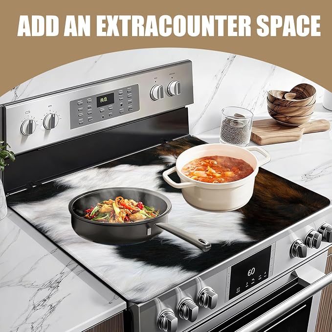 Brown Cowhide Stove Top Covers for Electric Stove, Cow Skin Electric Gas Stove Pad Heat Resistant Range Cooktop Protector for Home Decor Kitchen 28"x20"