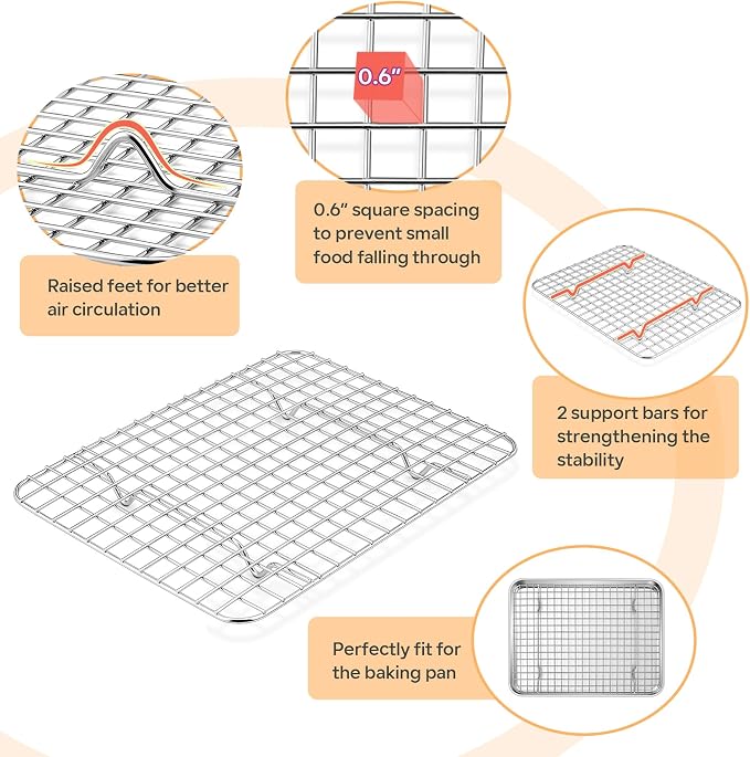 TeamFar Cookie Sheets with Cooling Racks, 2 Pans + 2 Racks, 10.5x8x1 Inch | Stainless Steel Small Toast Oven Tray Pan with Grid Rack for Baking Roasting Cooling, Non-Toxic & Heavy-Duty, Dishwasher Safe