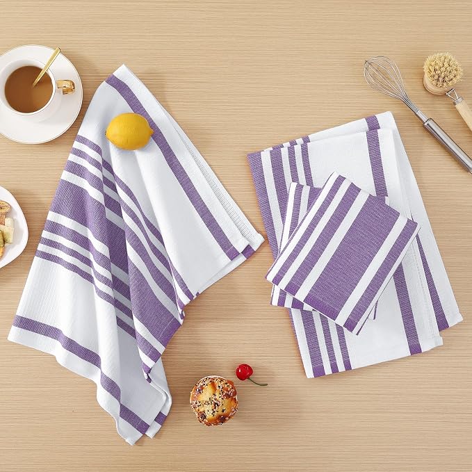 Homaxy Premium Cotton Stripe Kitchen Towels 8 Pack, 18"x 28", Purple | Large 380 GSM Kitchen Hand Towels, Soft Terry Dish Towels, Highly Absorbent Tea Towel Set with Hanging Loop