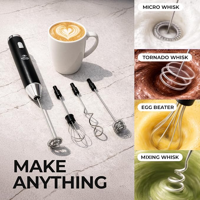 Zulay Kitchen Rechargeable Milk Frother Handheld - Frother Wand, Drink Mixer, Electric Whisk Frother, for Cappuccinos, Matcha & Protein Powder - Ultra Metal 4 Whisk, 1800mAh Black